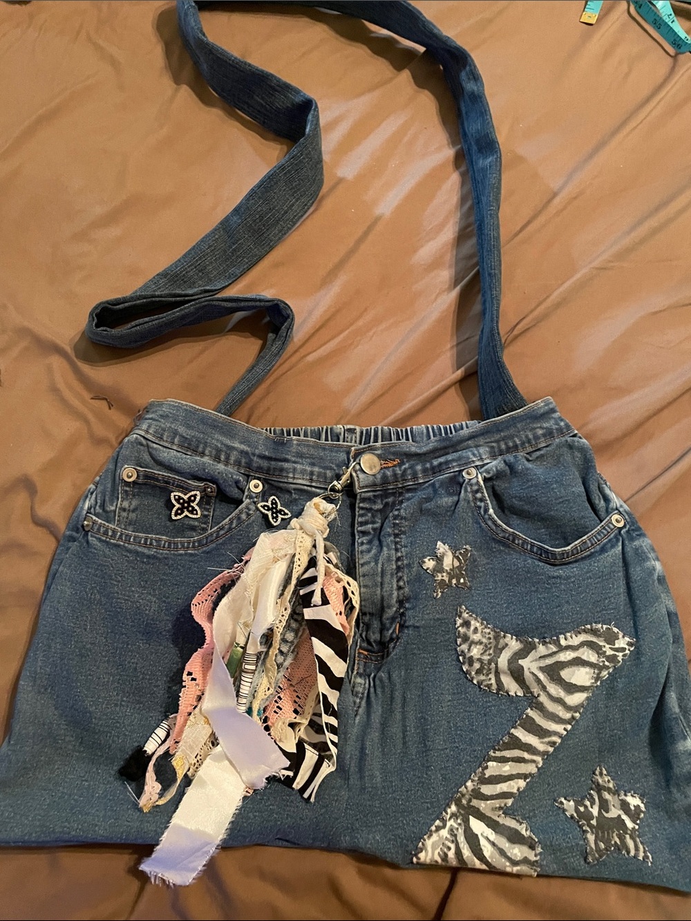 Handmade reimagined denim crossbody bag 10x17 lined with embellishment